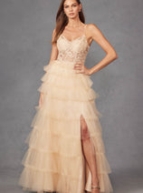 Lace Bodice Sleeveless A-line Ruffled Gown by Juliet JT2451S