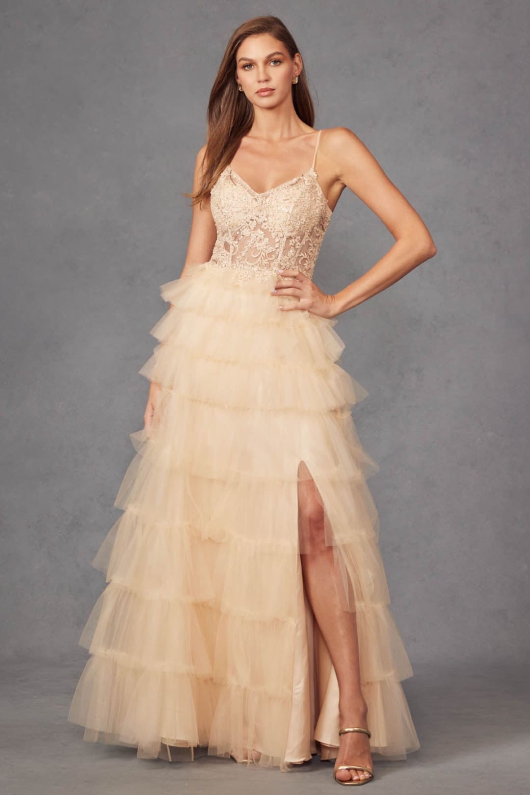 Lace Bodice Sleeveless A-line Ruffled Gown by Juliet JT2451S - Long Formal Dresses