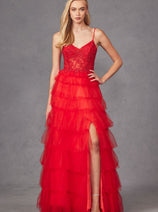 Lace Bodice Sleeveless A-line Ruffled Gown by Juliet JT2451S
