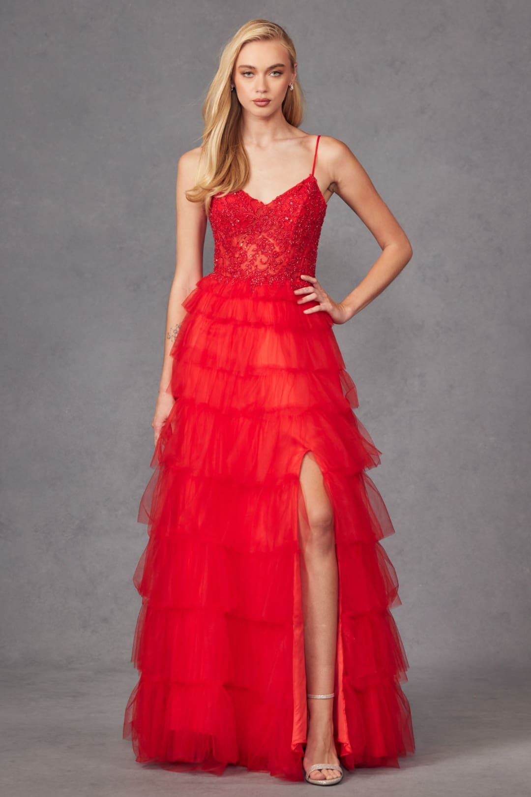 Lace Bodice Sleeveless A-line Ruffled Gown by Juliet JT2451S - Long Formal Dresses