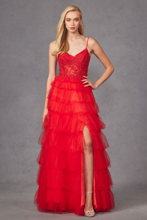 Lace Bodice Sleeveless A-line Ruffled Gown by Juliet JT2451S - Long Formal Dresses