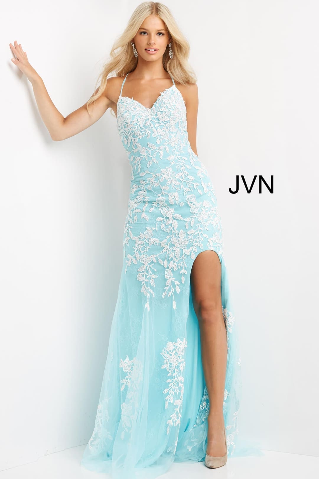 Lace Fitted Sleeveless Slit Gown by Jovani 06660 - 00 / Aqua/White - Long Formal Dresses