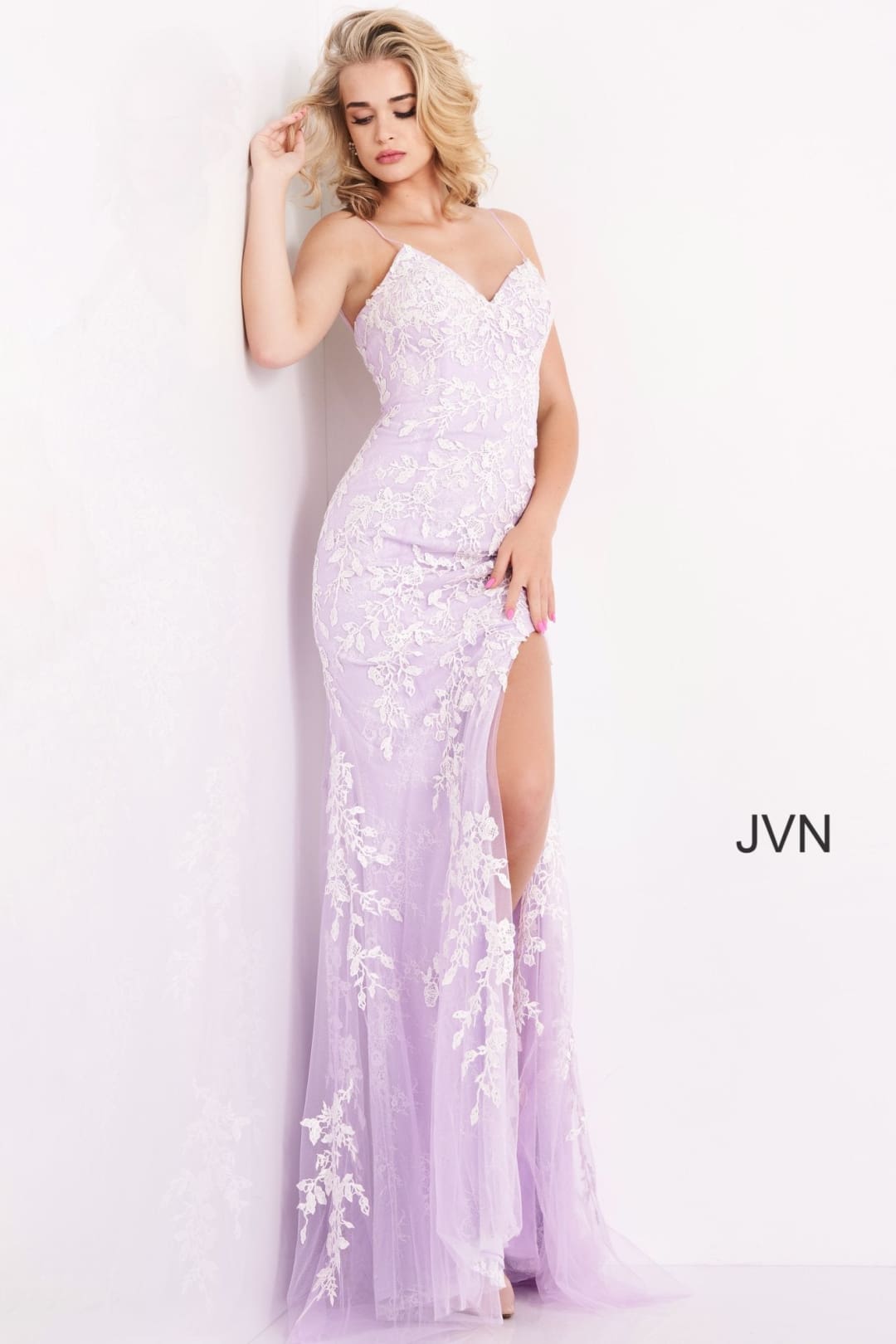 Lace Fitted Sleeveless Slit Gown by Jovani 06660 - 00 / Lilac/White - Long Formal Dresses