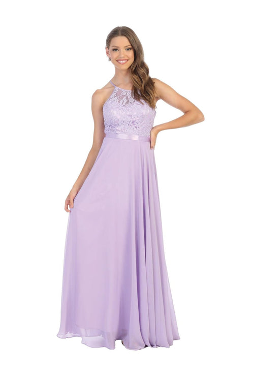 Lace Halter Chiffon Long Bridesmaids Dress - The Dress Outlet