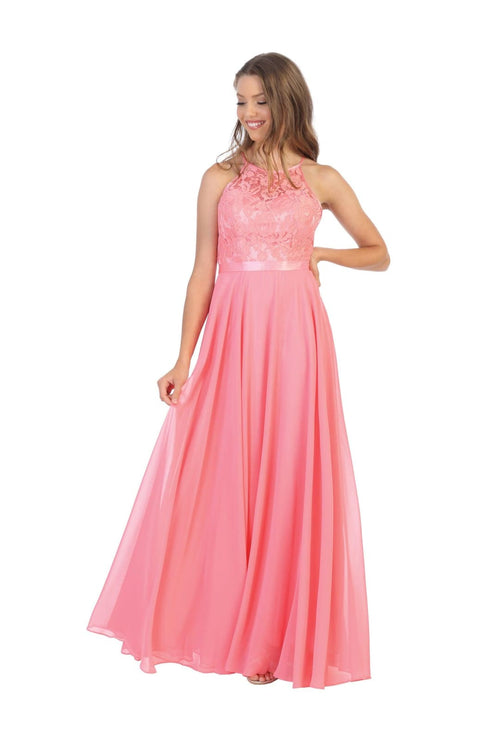 Lace Halter Chiffon Long Bridesmaids Dress - The Dress Outlet