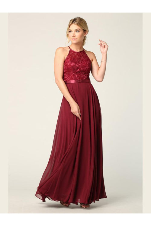 Lace Halter Chiffon Long Bridesmaids Dress - The Dress Outlet