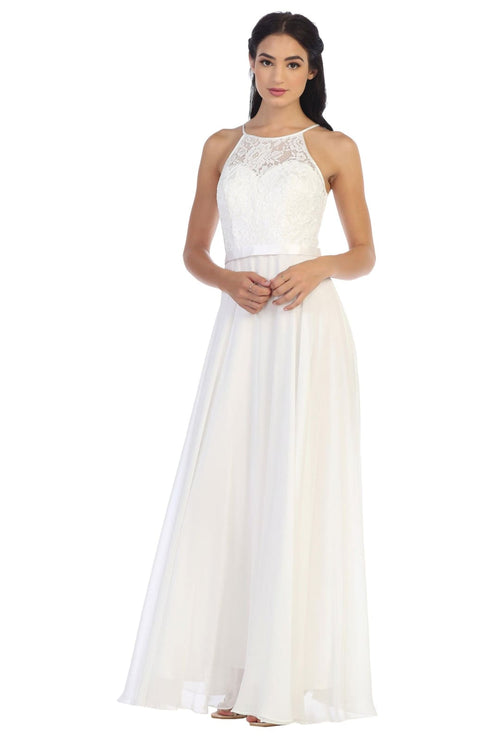 Lace Halter Chiffon Long Bridesmaids Dress - The Dress Outlet