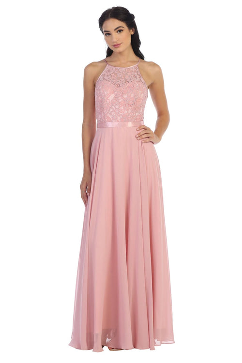 Lace Halter Chiffon Long Bridesmaids Dress - The Dress Outlet