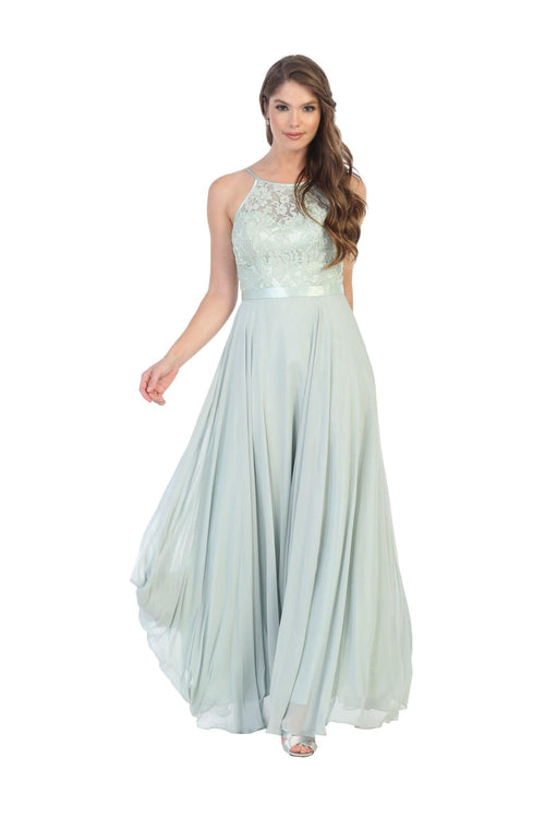 Lace Halter Chiffon Long Bridesmaids Dress - The Dress Outlet