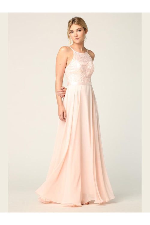 Lace Halter Chiffon Long Bridesmaids Dress - The Dress Outlet