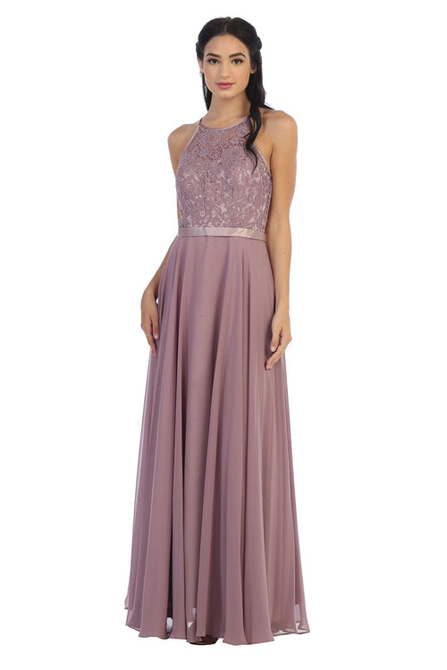 Lace Halter Chiffon Long Bridesmaids Dress - The Dress Outlet