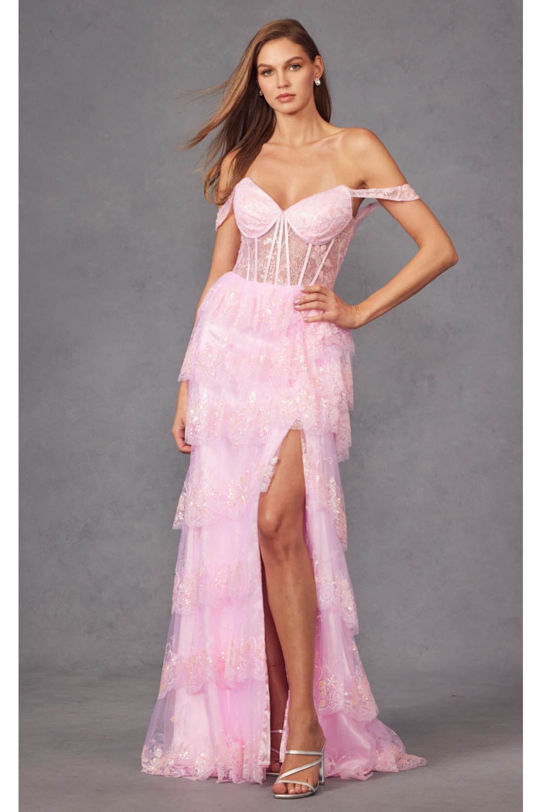 Lace Off-Shoulder A-Line Tiered Slit Gown by Juliet JT2453K - Dress
