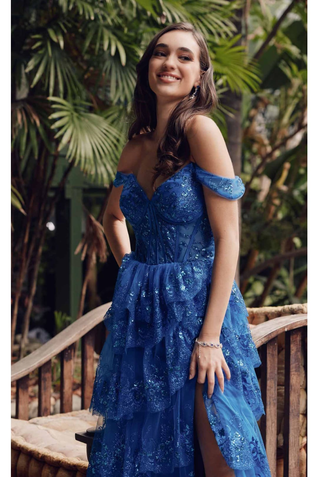 Lace Off-Shoulder A-Line Tiered Slit Gown by Juliet JT2453K - Dress