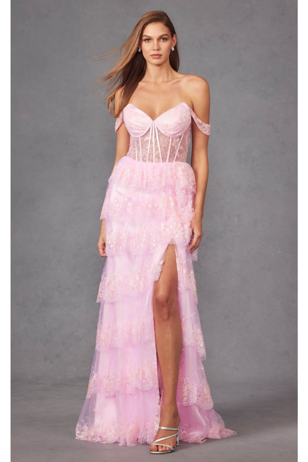 Lace Off-Shoulder A-Line Tiered Slit Gown by Juliet JT2453K - Dress