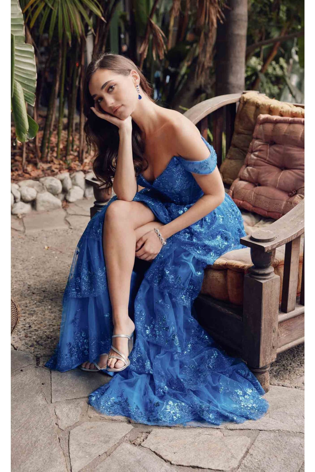 Lace Off-Shoulder A-Line Tiered Slit Gown by Juliet JT2453K - Dress