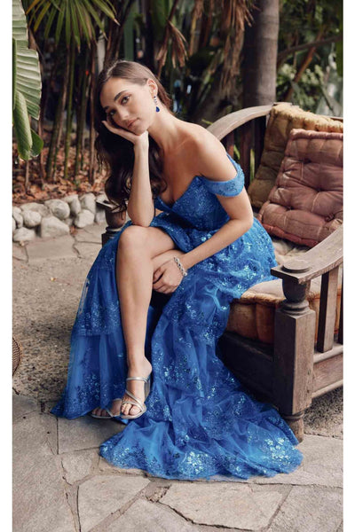 Lace Off-Shoulder A-Line Tiered Slit Gown by Juliet JT2453K - Dress