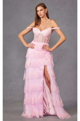Lace Off-Shoulder A-Line Tiered Slit Gown by Juliet JT2453K