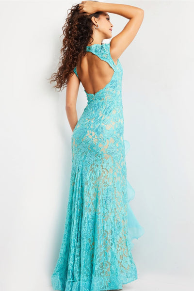 Lace Sleeveless Ruffled Slit Gown by Jovani 38668 - Long Formal Dresses
