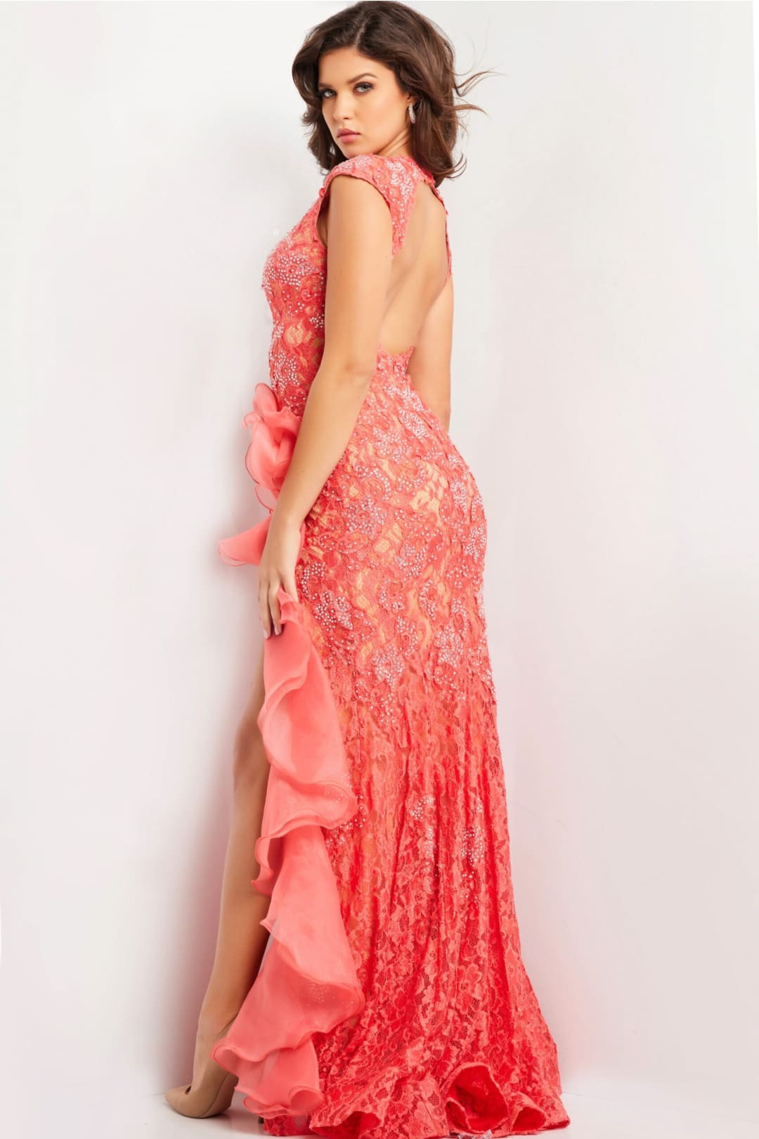 Lace Sleeveless Ruffled Slit Gown by Jovani 38668 - Long Formal Dresses