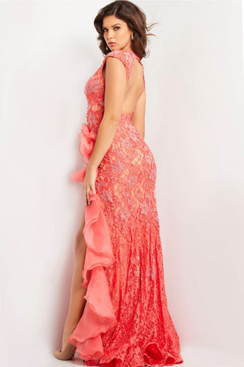 Lace Sleeveless Ruffled Slit Gown by Jovani 38668 - Long Formal Dresses