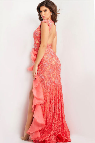 Lace Sleeveless Ruffled Slit Gown by Jovani 38668 - Long Formal Dresses