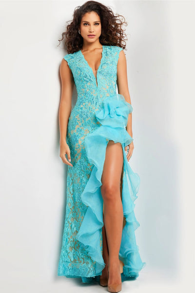 Lace Sleeveless Ruffled Slit Gown by Jovani 38668 - 00 / Turquoise - Long Formal Dresses
