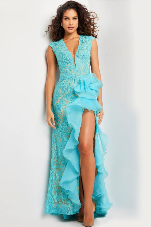 Lace Sleeveless Ruffled Slit Gown by Jovani 38668 - 00 / Turquoise - Long Formal Dresses
