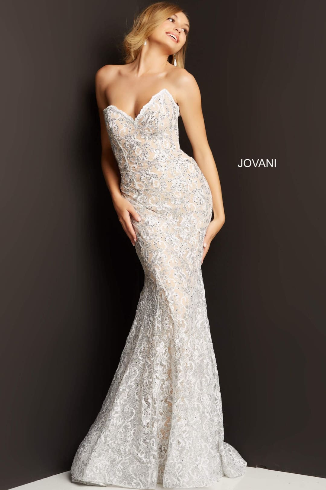 Lace Strapless Mermaid Dress by Jovani 08215 - 00 / White/Silver - Long Formal Dresses