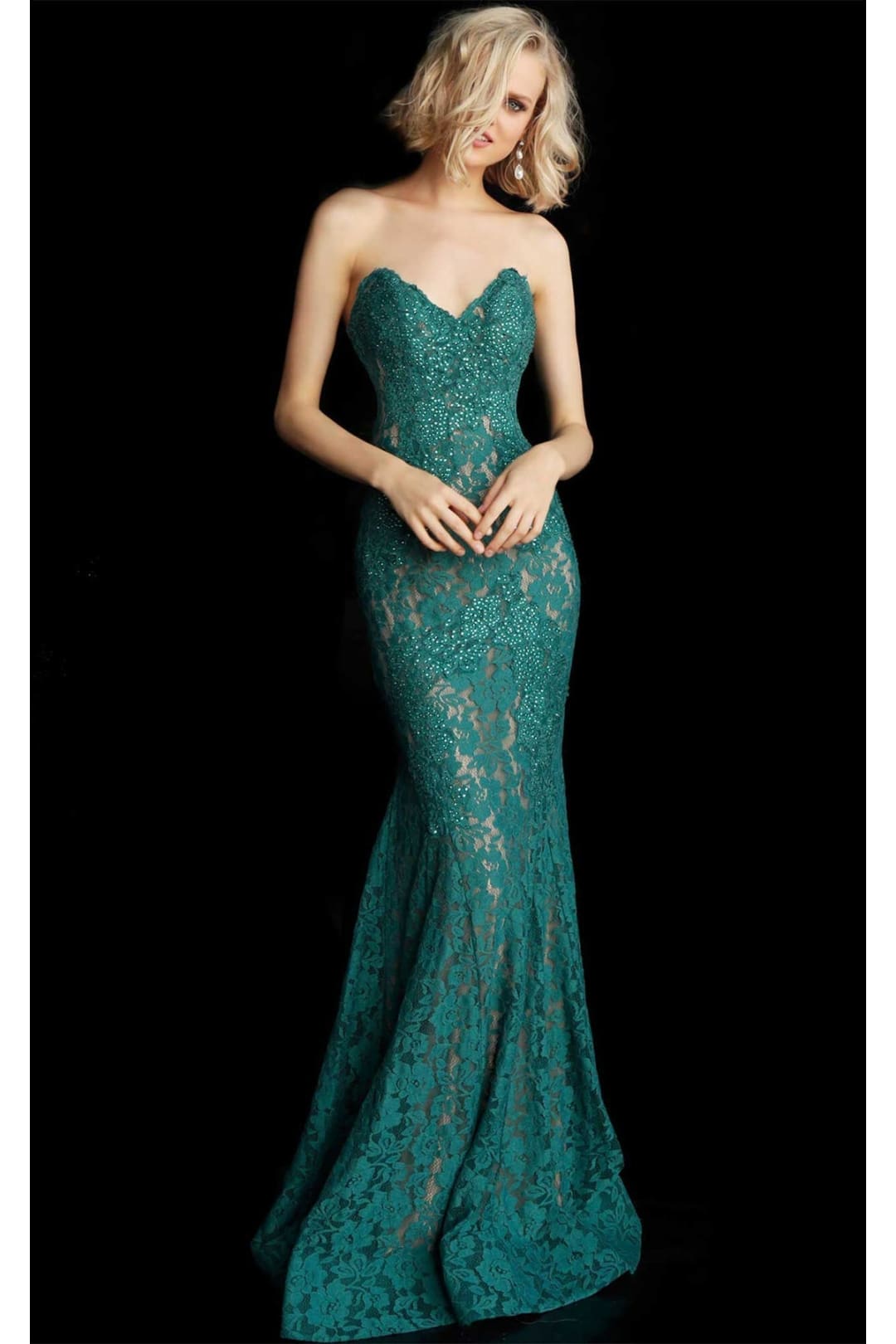 Lace Strapless Mermaid Dress by Jovani 37334 - 00 / Emerald - Long Formal Dresses