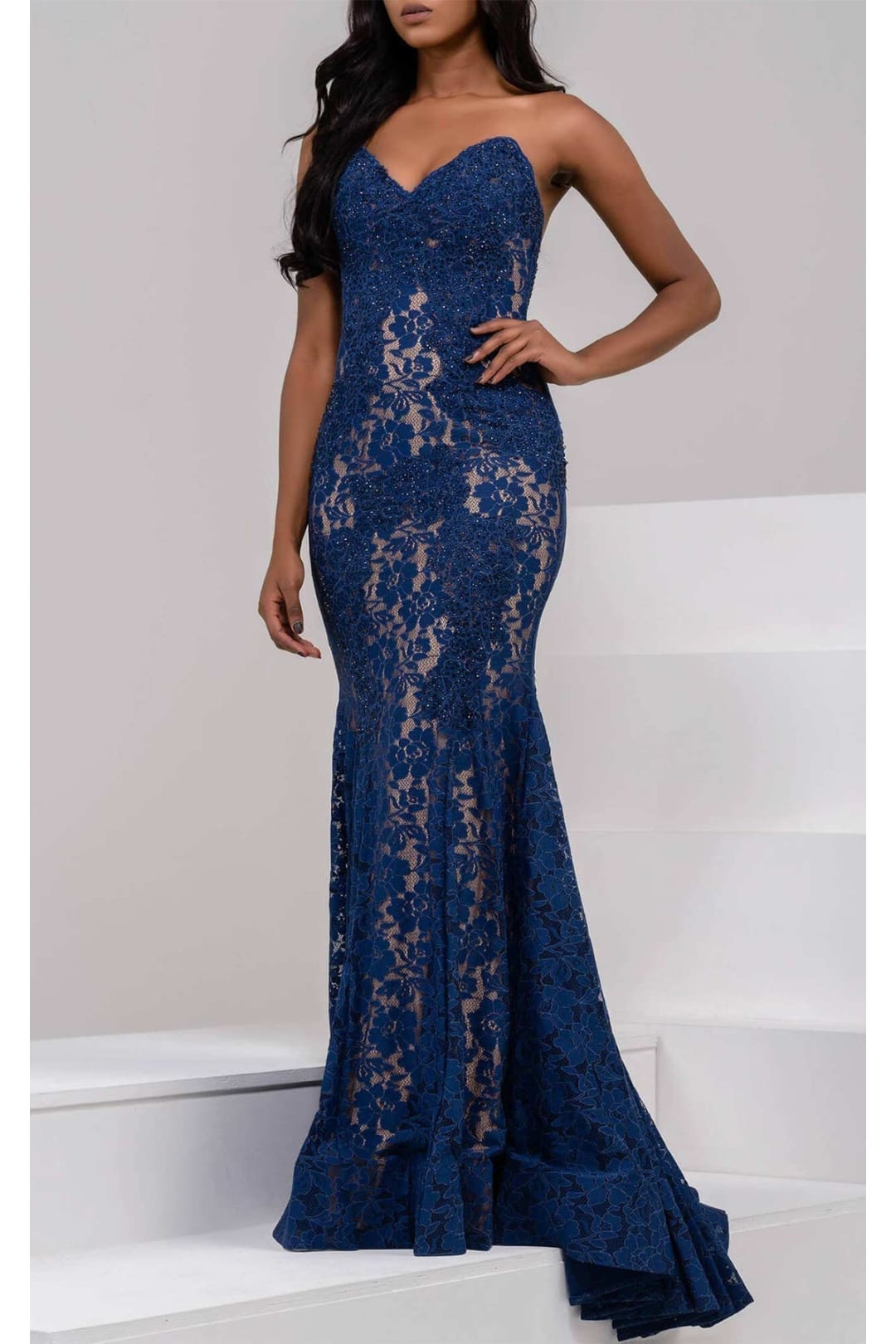 Lace Strapless Mermaid Dress by Jovani 37334 - 00 / Navy - Long Formal Dresses