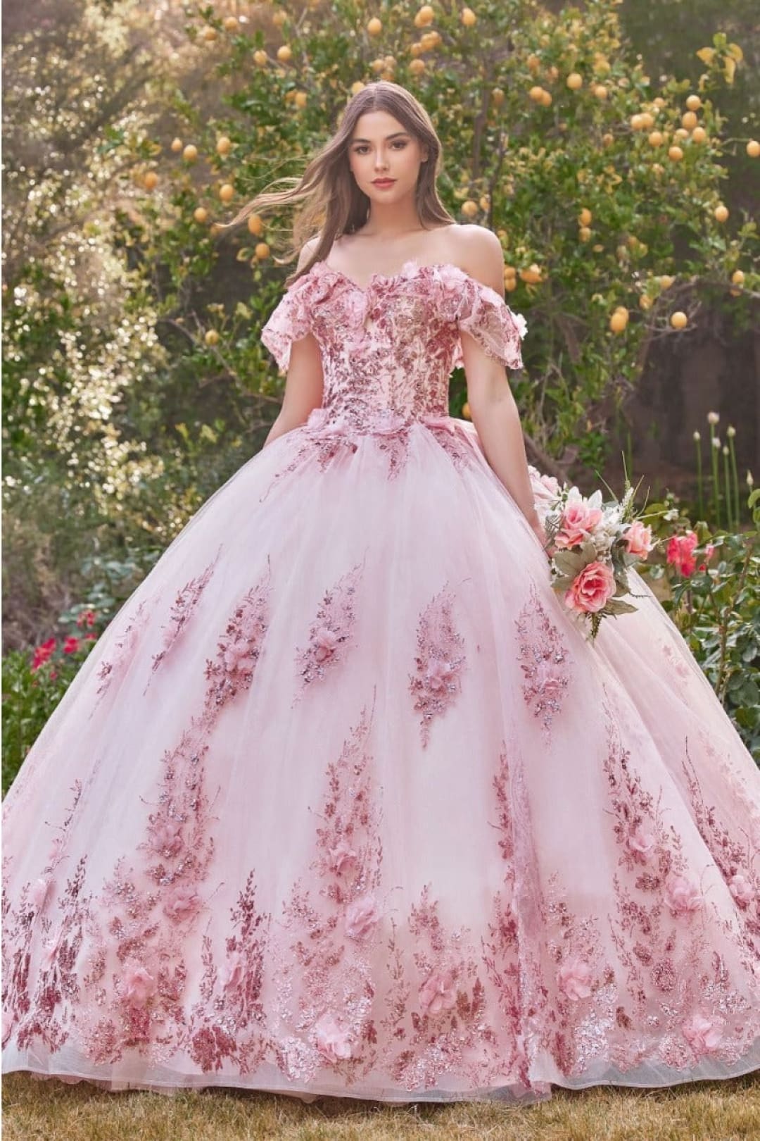 cinderella-divine-15701 Floral Corset Glitter Layered Quinceanera Ball Gown - Dress