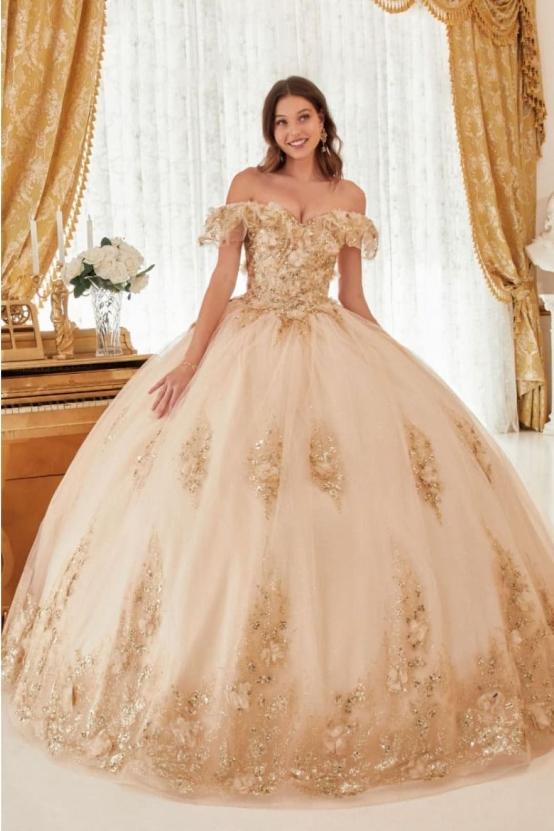 cinderella-divine-15701 Floral Corset Glitter Layered Quinceanera Ball Gown - Dress