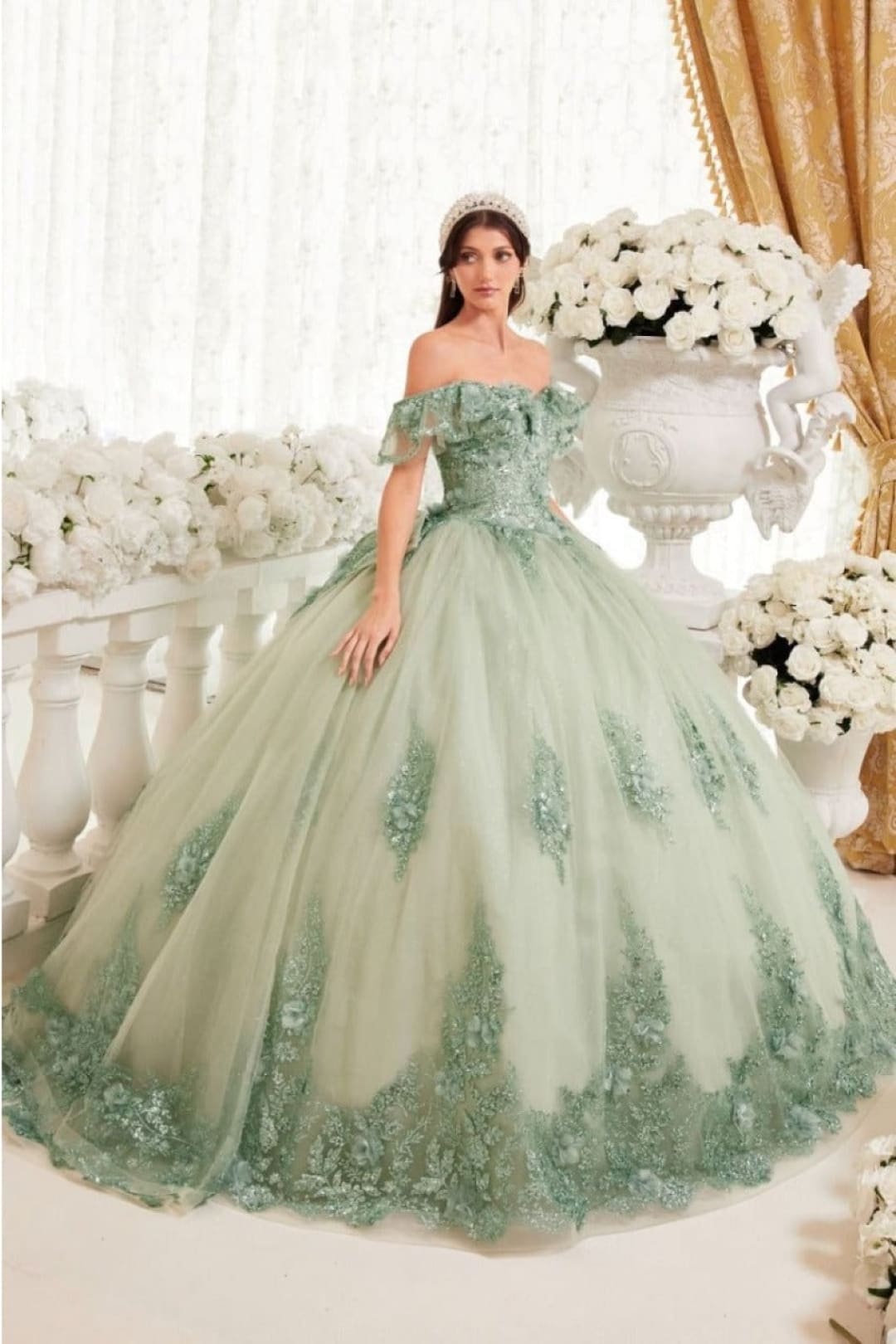 cinderella-divine-15701 Floral Corset Glitter Layered Quinceanera Ball Gown - Dress