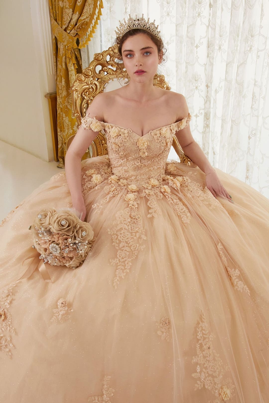 cinderella-divine- 15702 Sweetheart Floral Lace Applique Evening Ball Gown - CHAMPAGNE / XS - Dress
