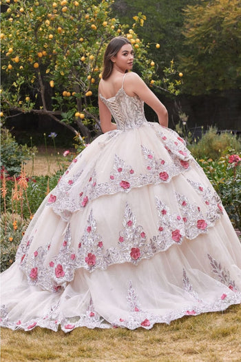 cinderella-divine-15703 Layered Tulle Floral Ruffle Back Quinceanera Ball Gown - Dress