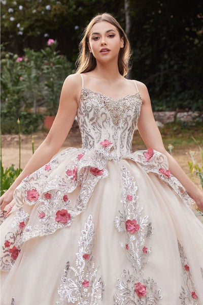 cinderella-divine-15703 Layered Tulle Floral Ruffle Back Quinceanera Ball Gown - Dress