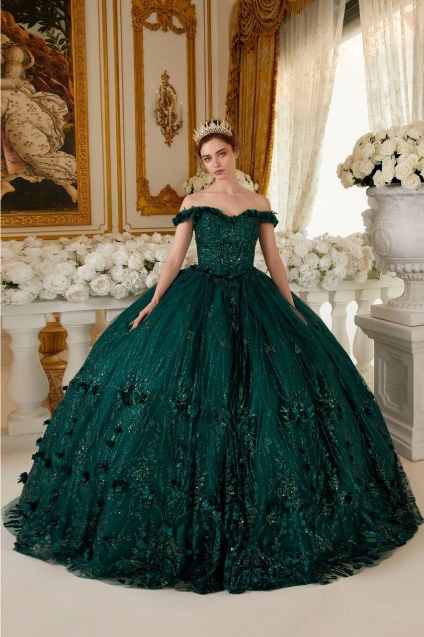 Ladivine 15704 Embroidered Floral Sweetheart Corset Long Ball Gown - EMERALD / XS - Dress
