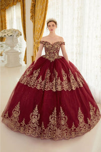 Ladivine 15705 Gold Layered Lace Applique Sweetheart Long Ball Gown - BURGUNDY-GOLD / XS - Dress