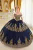 Ladivine 15705 Gold Layered Lace Applique Sweetheart Long Ball Gown - NAVY-GOLD / XS - Dress