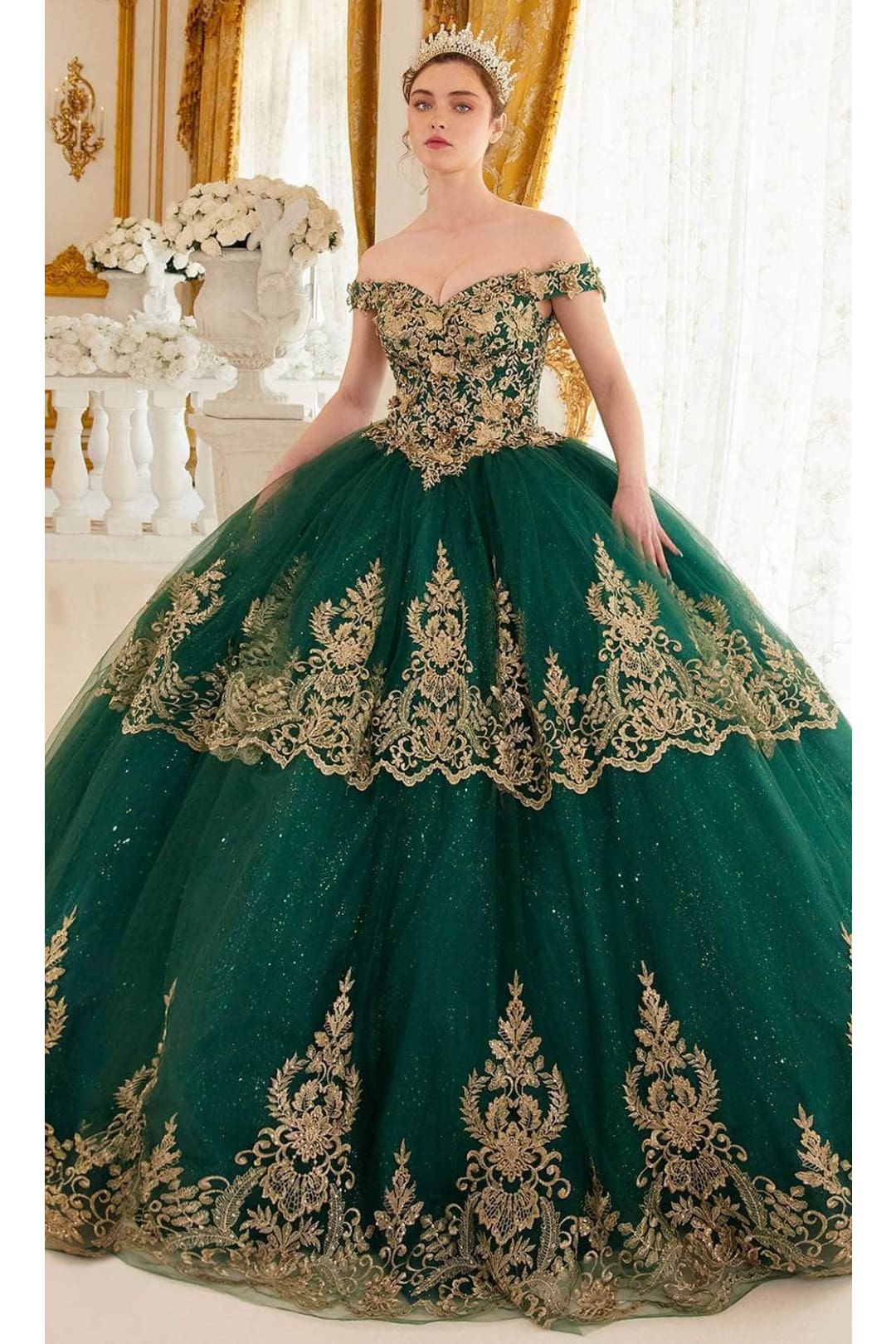Ladivine 15705 - Off-Shoulder Gold Lace Applique Ballgown - Prom