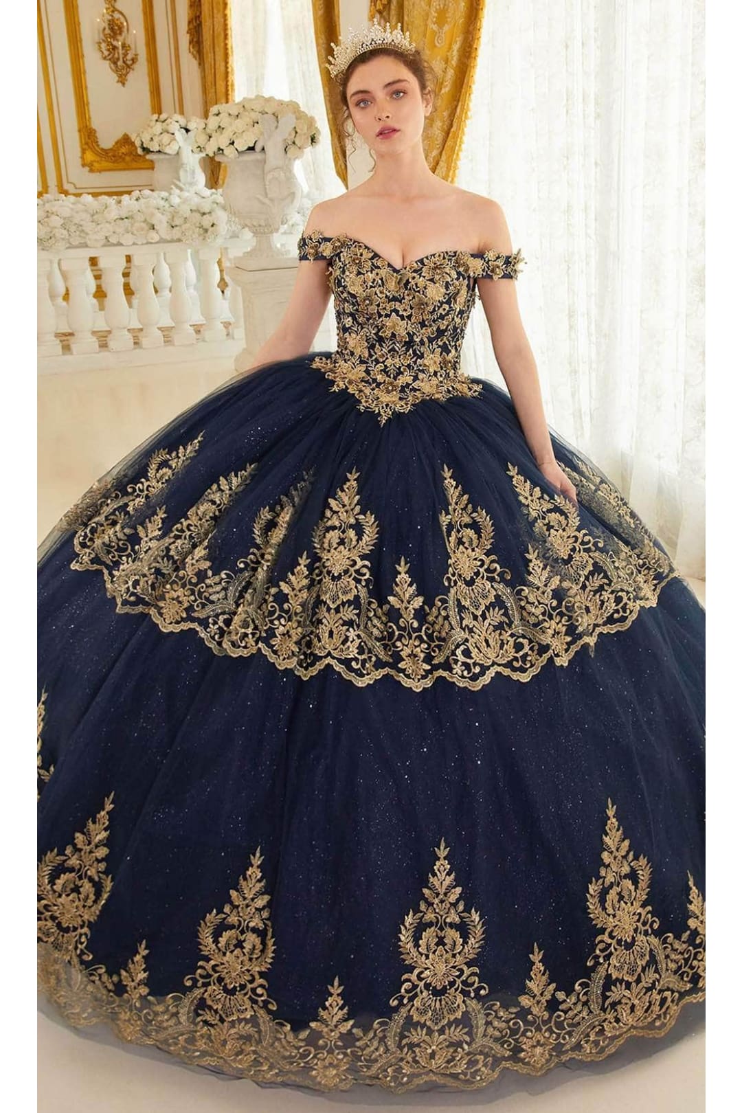 Ladivine 15705 - Off-Shoulder Gold Lace Applique Ballgown - Prom