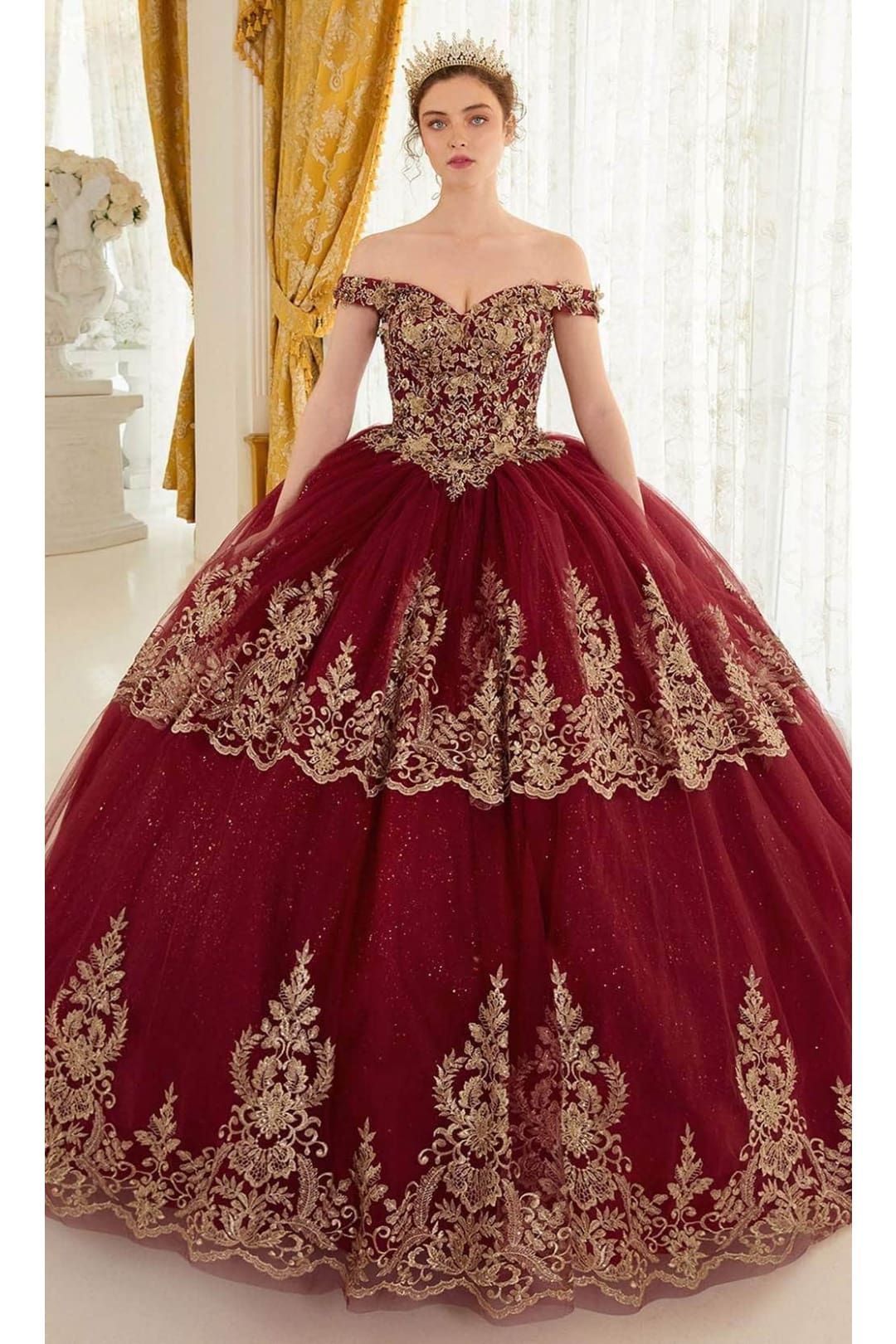 Ladivine 15705 - Off-Shoulder Gold Lace Applique Ballgown - Prom