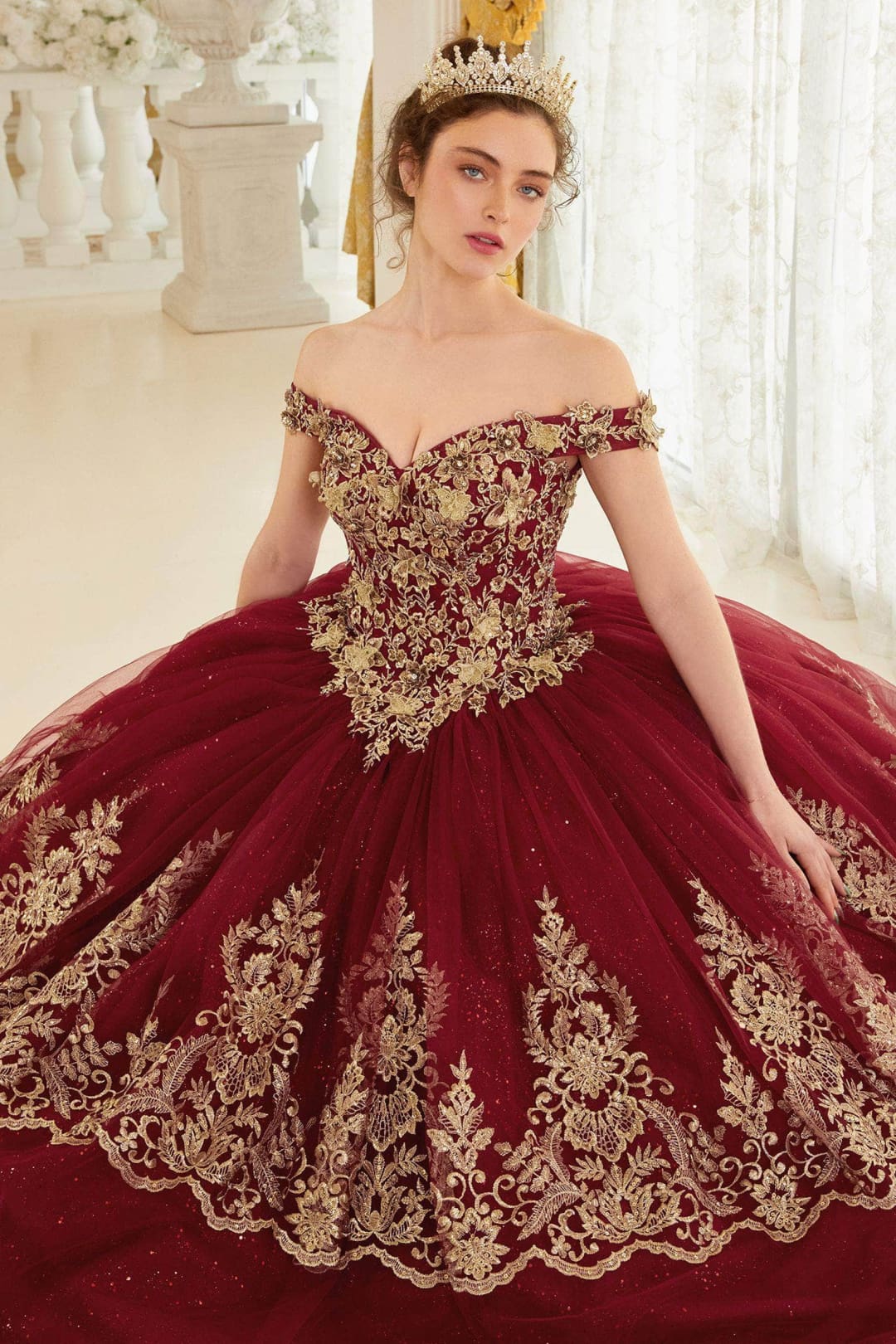 Ladivine 15705 - Off-Shoulder Gold Lace Applique Ballgown - Burgundy-Gold / XXS - Prom