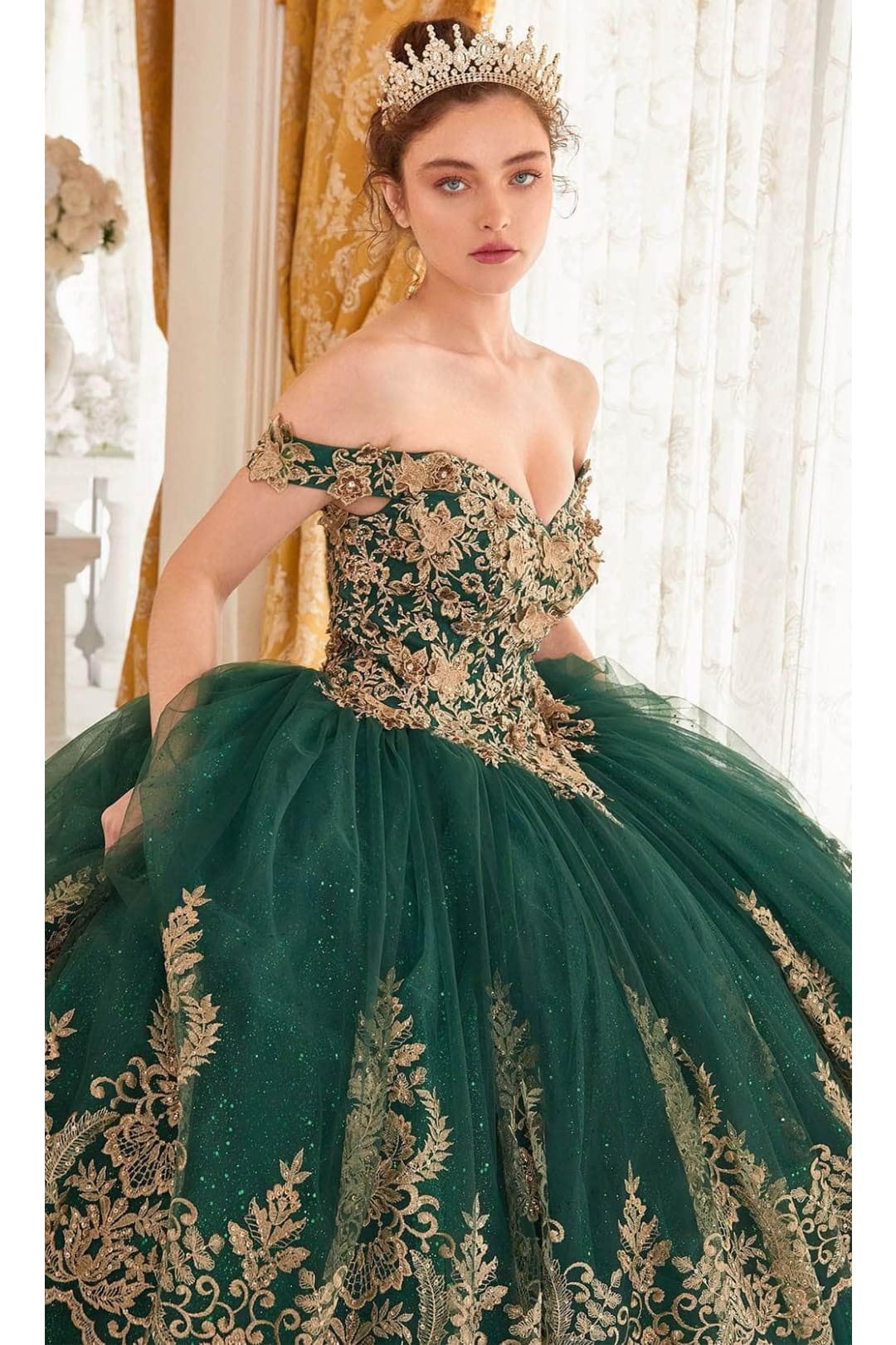 Ladivine 15705 - Off-Shoulder Gold Lace Applique Ballgown - Emerald / XXS - Prom