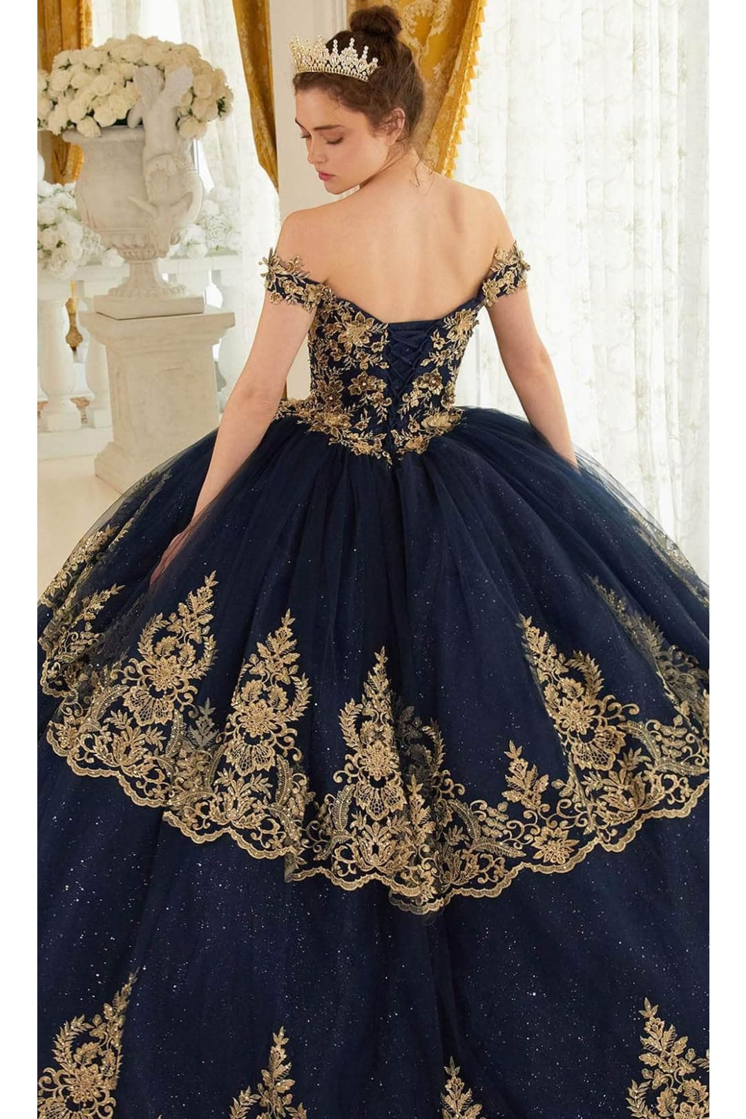 Ladivine 15705 - Off-Shoulder Gold Lace Applique Ballgown - Navy-Gold / XXS - Prom