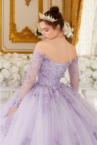 Ladivine 15706 Floral Lace Applique Long Sleeve Tulle Princess Ball Gown - Dress
