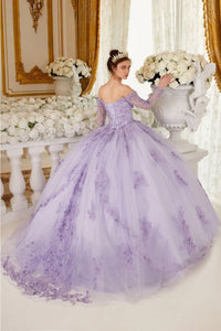 Ladivine 15706 Floral Lace Applique Long Sleeve Tulle Princess Ball Gown - Dress
