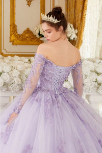 Ladivine 15706 Floral Lace Applique Long Sleeve Tulle Princess Ball Gown - Dress