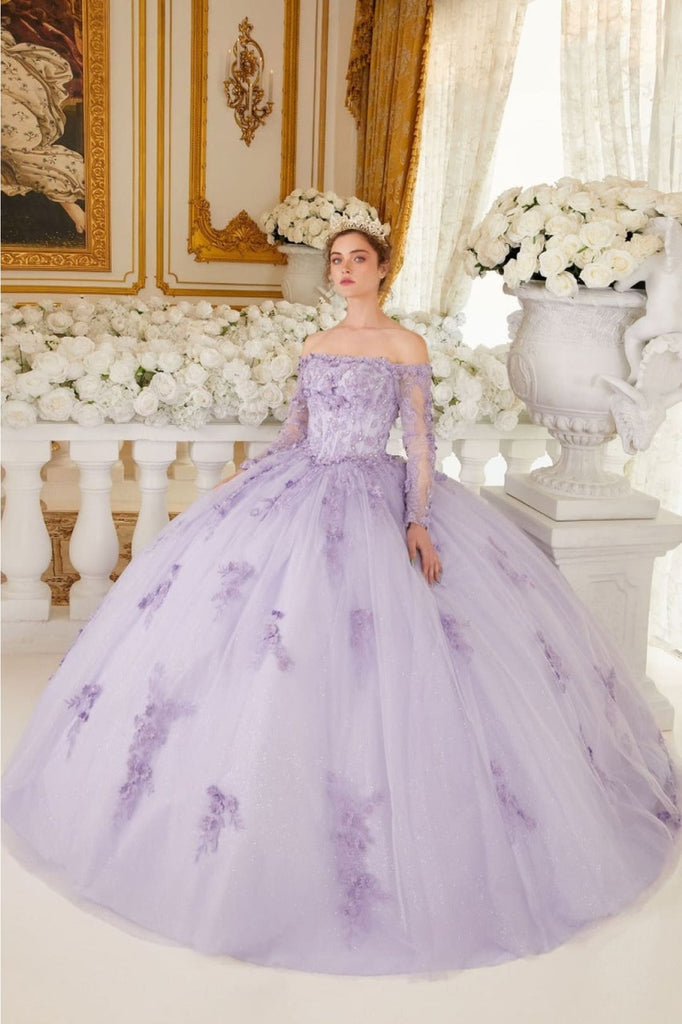 Ladivine 15706 Floral Lace Applique Long Sleeve Tulle Princess Ball Gown - LILAC / XS - Dress