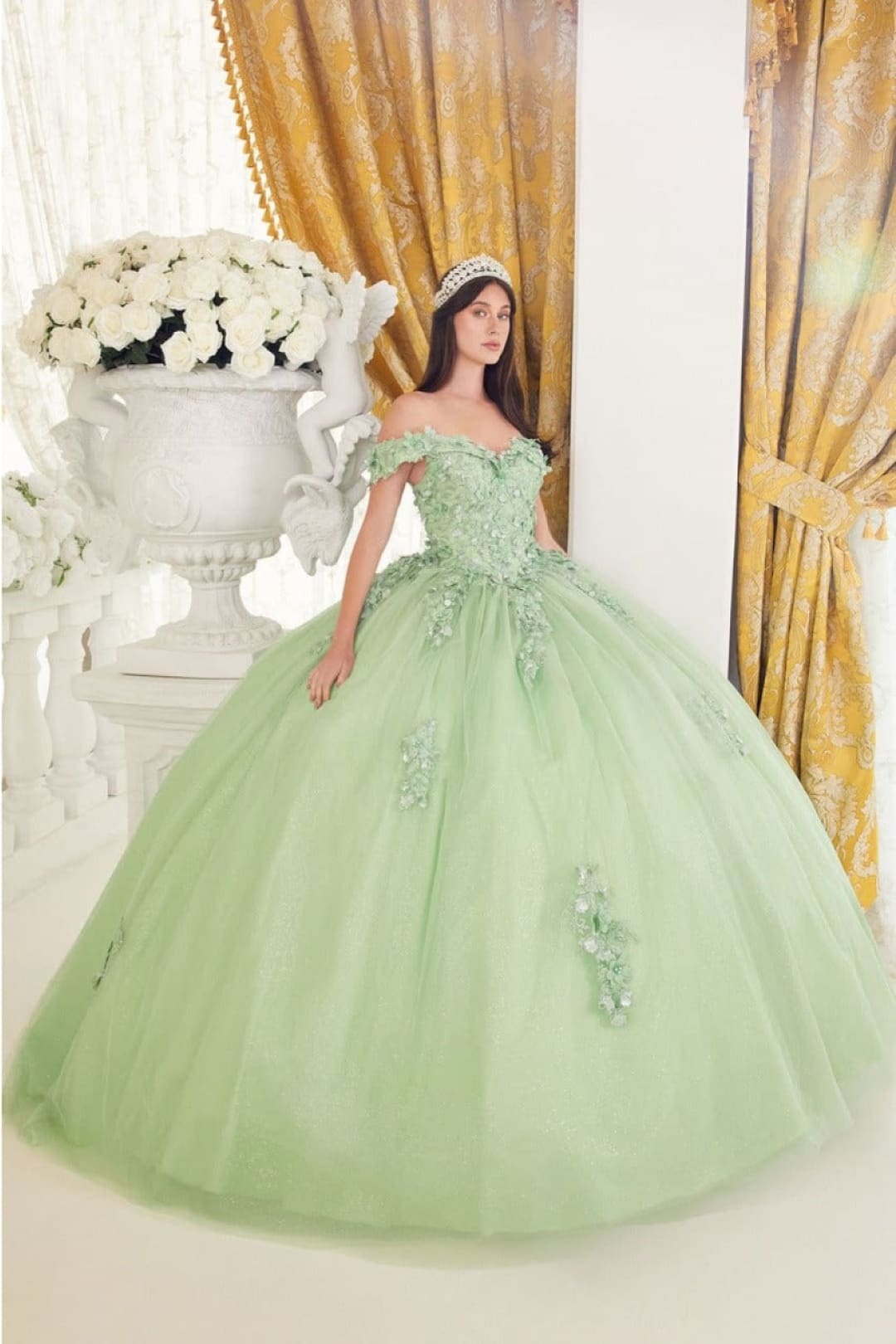 Ladivine 15710 Corset Fitted Lace Floral Special Occasion Ball Gown - GREENERY / XS - Dress